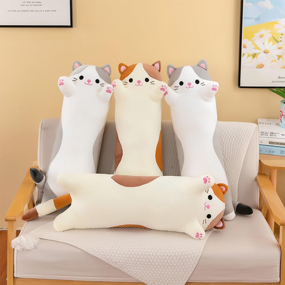 Oeonuas Cute Cat Plush Long Body Pillow Cuddle Cartoon Stuffed Animals Cat Plushie Soft Doll Pillows Gifts for Kids Girls (Orange, 27"): New Gray-27 Inch