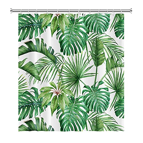 SDOTPMT 122x183cm Aquarelle Vert Feuilles de Palmier Rideau de Douche Été Tropical Plantes botaniques Rideau de Bain Feuille de Banane Monstre Rideau de Douche Rideau de Salle Bain avec Crochets