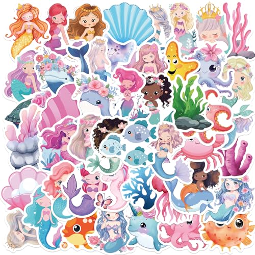 50Pcs Mermaid Sticker Cute Marine Organism Stickers for Kids Teens Adults Vinyl Cartoon Pink Animals Decals Kawaii Sticker for Decor Water Bottles Laptops Guitar Scrapbook (Mermaid)