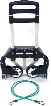Portable Folding Hand Truck Aluminium Luggage Trolley Cart and Dolly 165 lbs Capacity with Bungee Cord, Telescoping Handle, PVC Wheels with Double Bearings for Travel Office Auto Moving Black