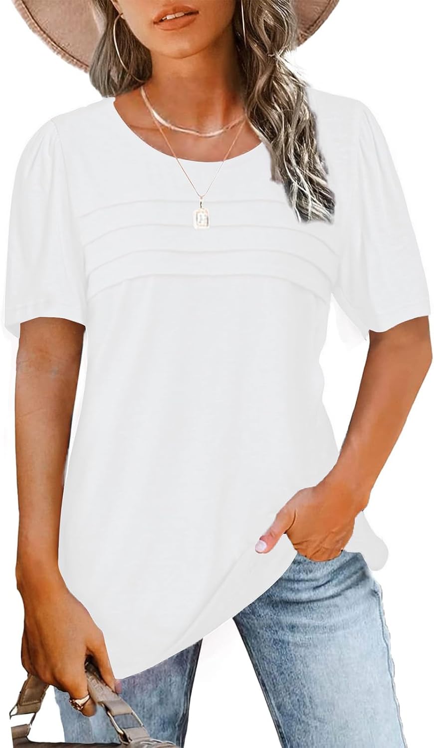 VUTRU Women T Shirt Summer Short Sleeve Comfy Top, Ladies Tunic Blouse Plus Size Pleated Crew Neck Spring Dressy Casual