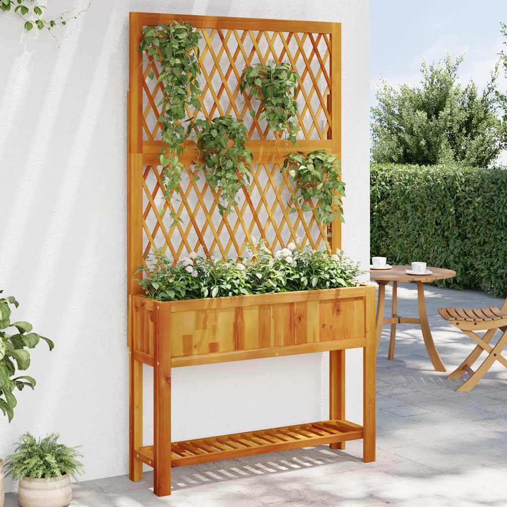 Donica z trejażem i półką 100x32x185 cm lite drewno akacjowe skrzynia ogrodowa na rośliny pnące stabilna i trwała do ogrodu patio taras z drenażem
