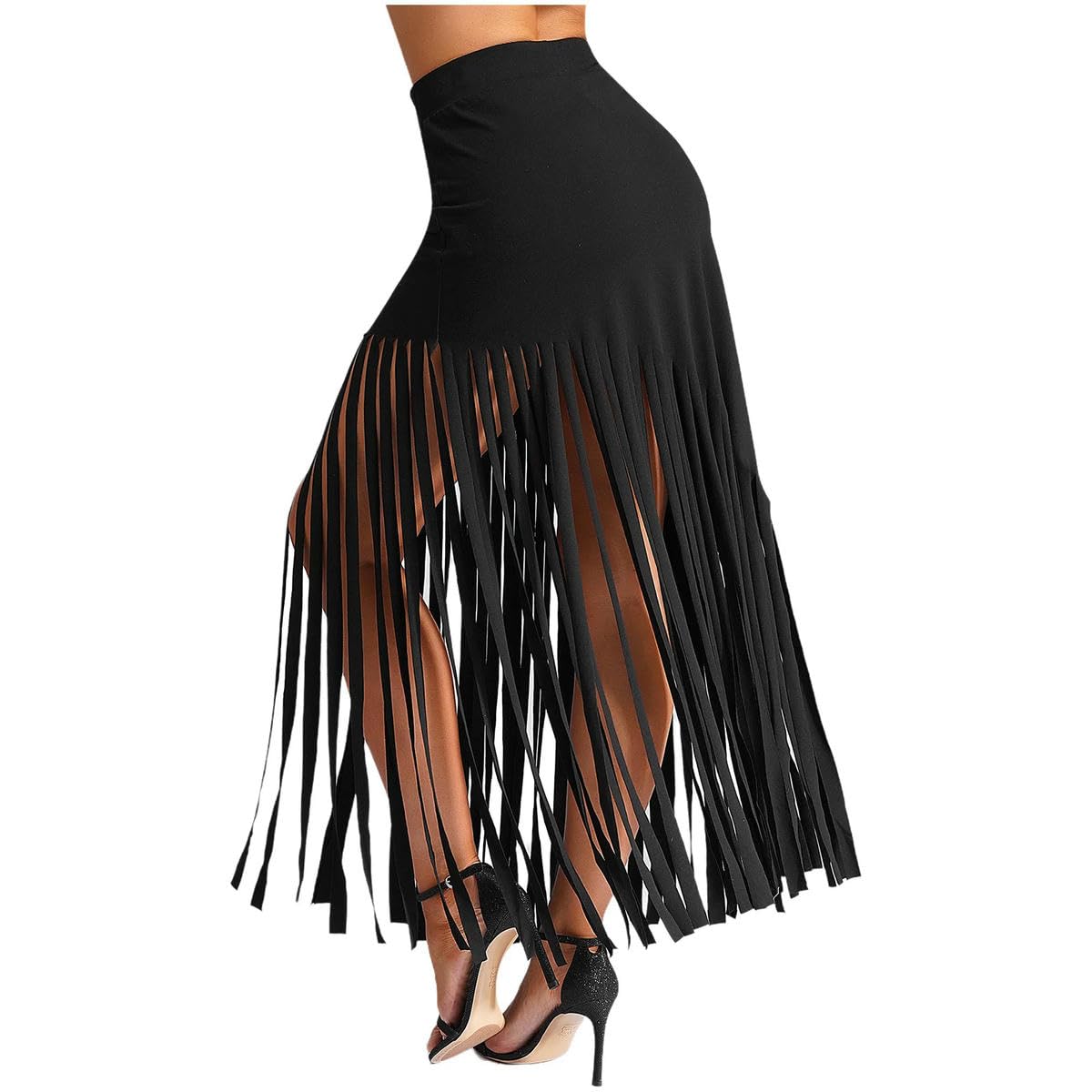 Falda de borla para mujer, cintura alta, cadena de plástico, flecos asimétricos, falda larga para jazz, baile, calle, club, Negro, M
