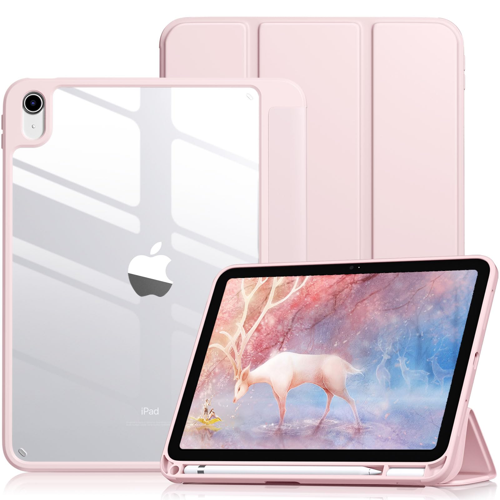 Case for iPad (A16) 11th Generation 11 Inch 2025/iPad 10th Generation 10.9 Inch 2022 with Pencil Holder, PC Clear Back Cover, Slim Trifold Stand Case Supports Auto Wake/Sleep, RosePink