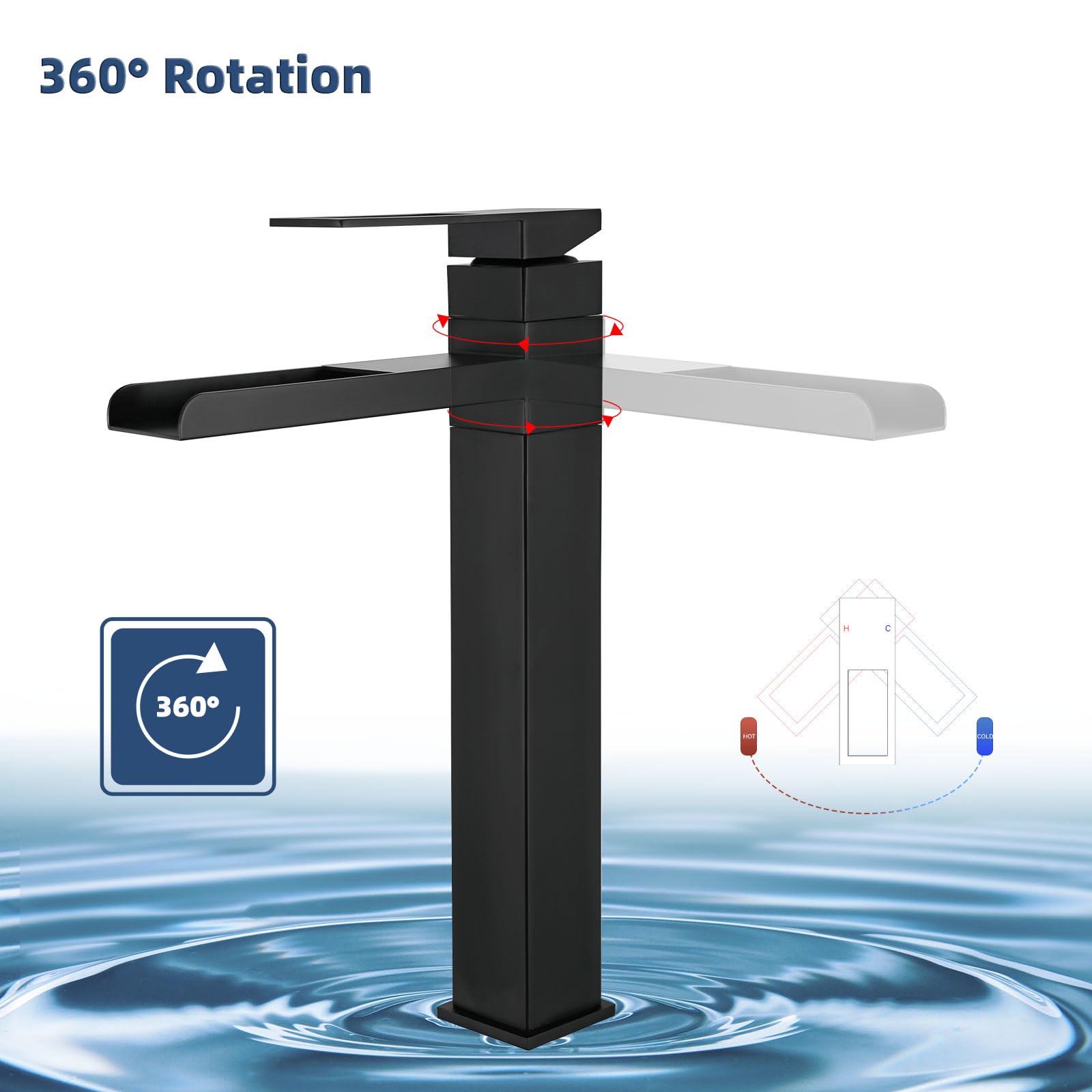 Rubinetto Bagno Lavabo Alto, Rubinetto per Lavabo Girevole a 360°, Miscelatore Monocomando Lavabo Cascata, Fredda e Calda Regolabile, Nero, 6M3OK-T