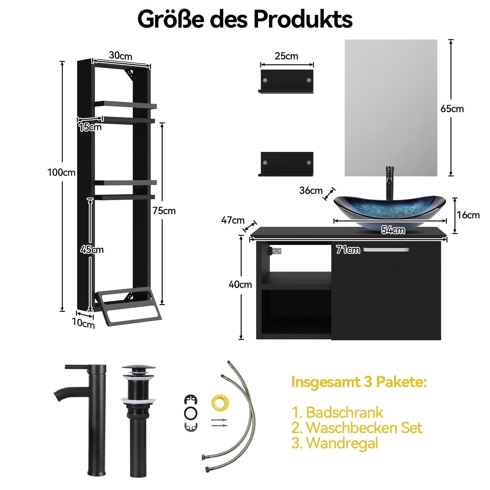 ZealWe Badmöbel Set (Waschbecken mit Unterschrank Spiegel Handtuchhalter), Badzimmermöbel Badzimmerschrank Waschbeckenunterschrank 71cm mit Waschtish, 3-stufiges Badezimmerregal, Wasserhahn Set, Blau
