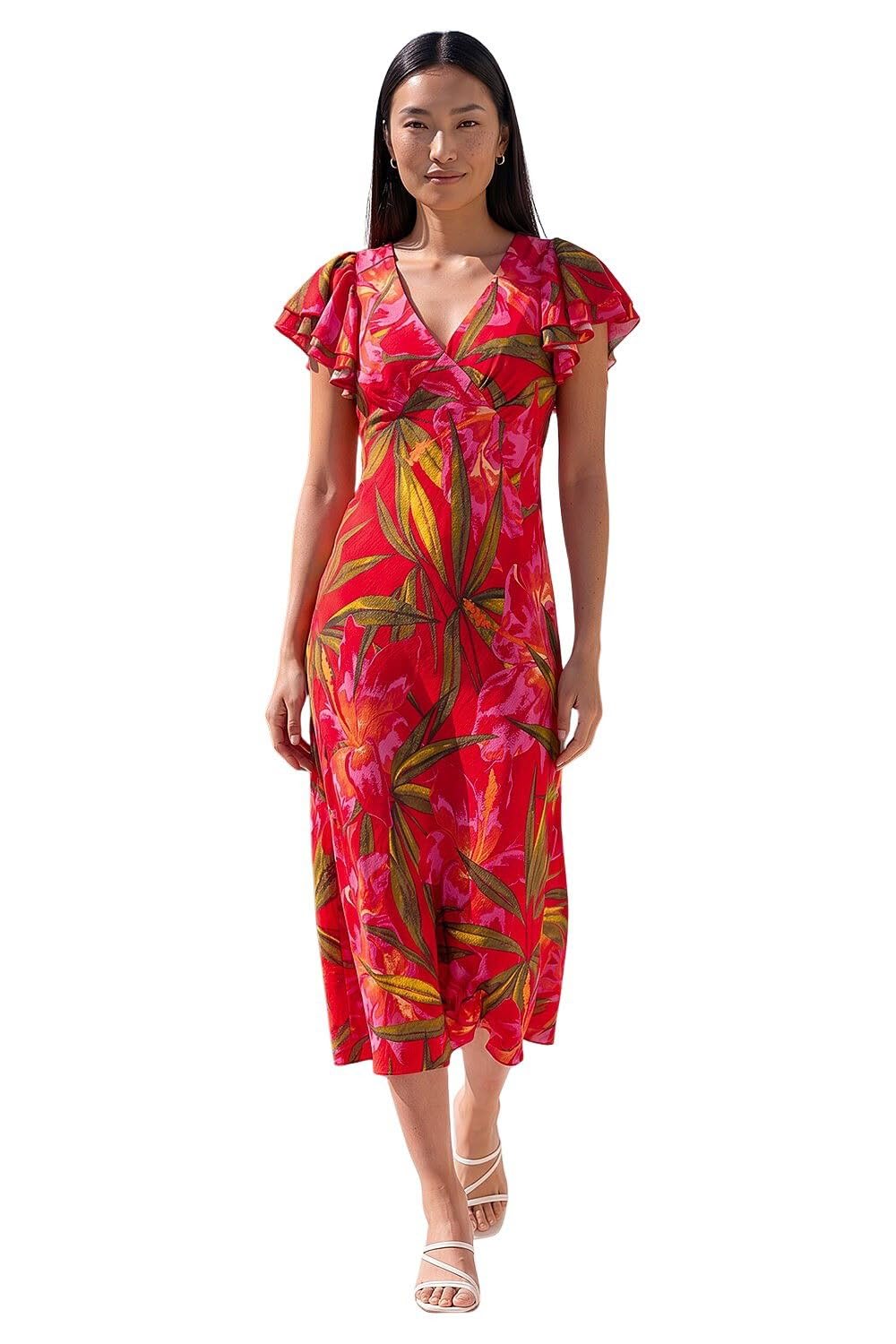 Roman Originals Leaf Print Frill Midi Dress for Women UK - Ladies Everyday Holiday Spring Summer V-Neckline Comfy Soft Evening Vacation Work Party - Red - Size 18