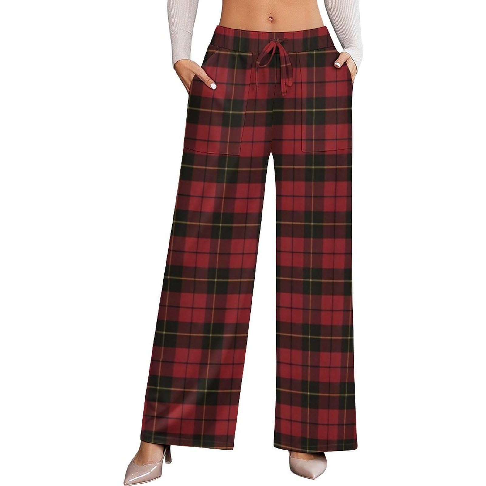 Dyale Red Plaid Womens Wide Leg Pants High Waisted Elastic Casual Sports Pants XS