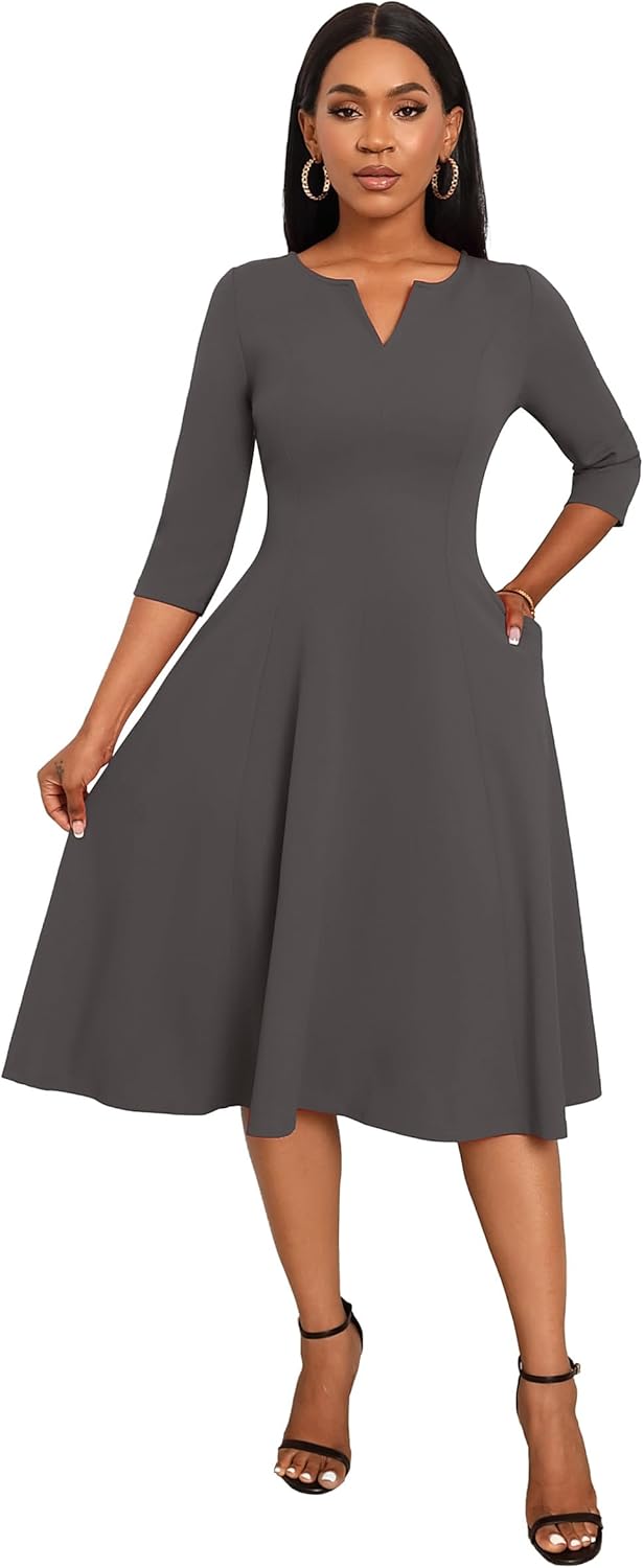 Nmoder Midi Dresses for Women A-Line Fit and Flare Dress 3/4 Sleeve V Neck Cocktail Wedding Guest Work Dress with Pockets - Image 2