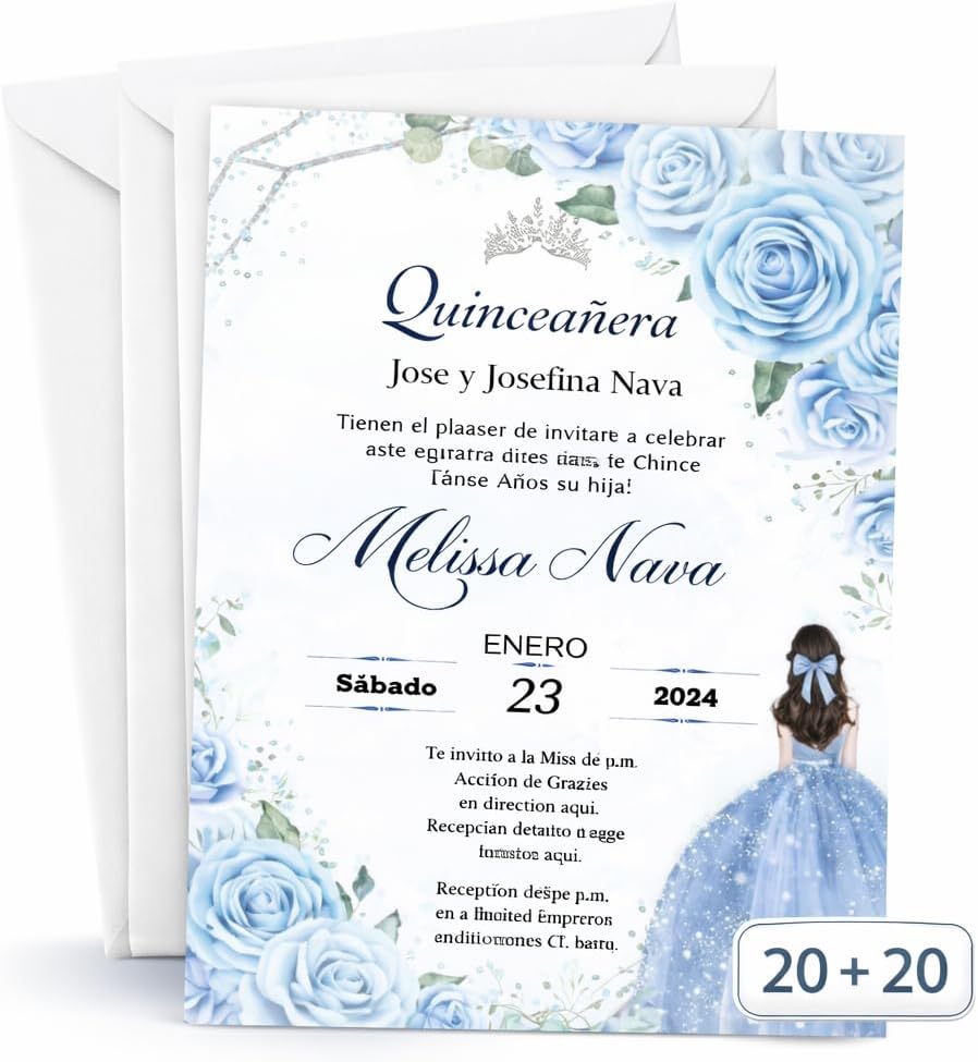 Invitaciones de Quinceañera Personalizadas en Español o Inglés – Set de 20 Tarjetas con 20 Sobres – Diseño Elegante Floral Azul-Claro para XV Años