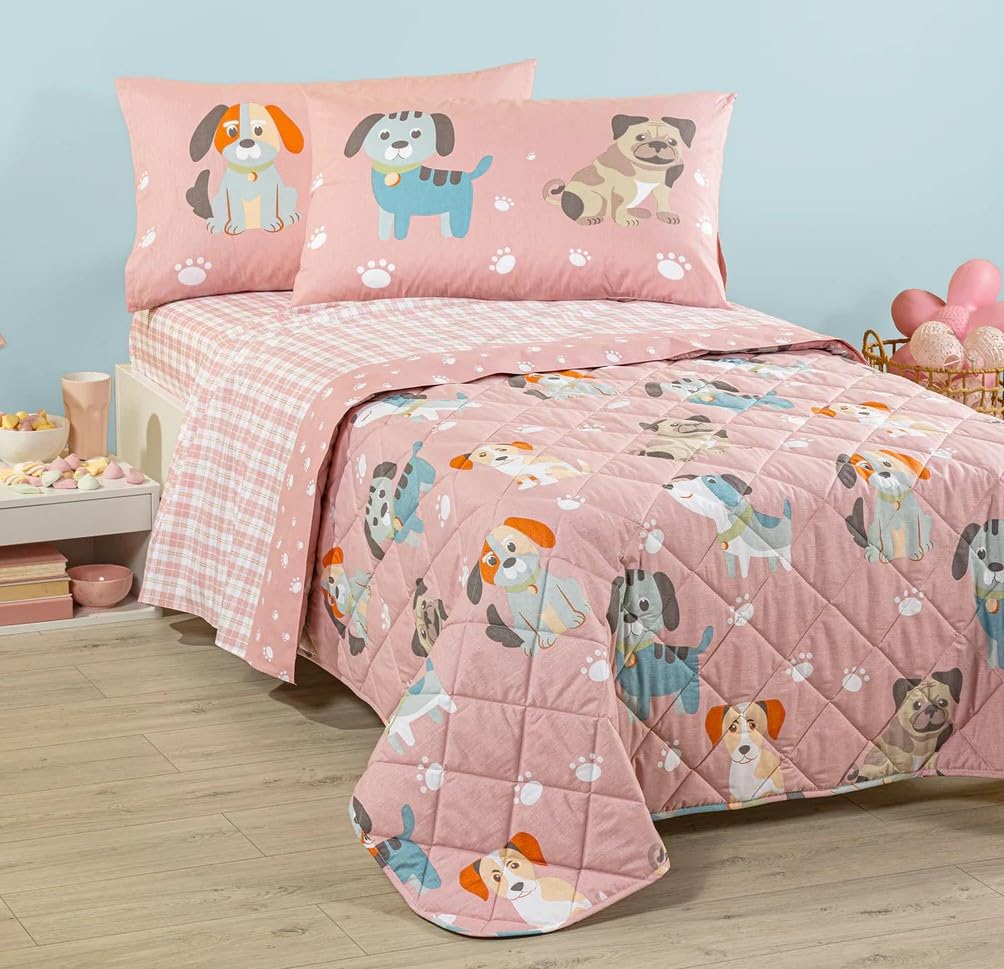 Caleffi Copriletto Trapuntato In Cotone Cuccioli - Misura Piazza E Mezza 215 x 265 cm - Colore Rosa Kids