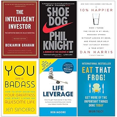 Intelligent Investor, Shoe Dog, 10% Happier, You Are a Badass, Life Leverage, Eat That Frog 6 Books Collection Set