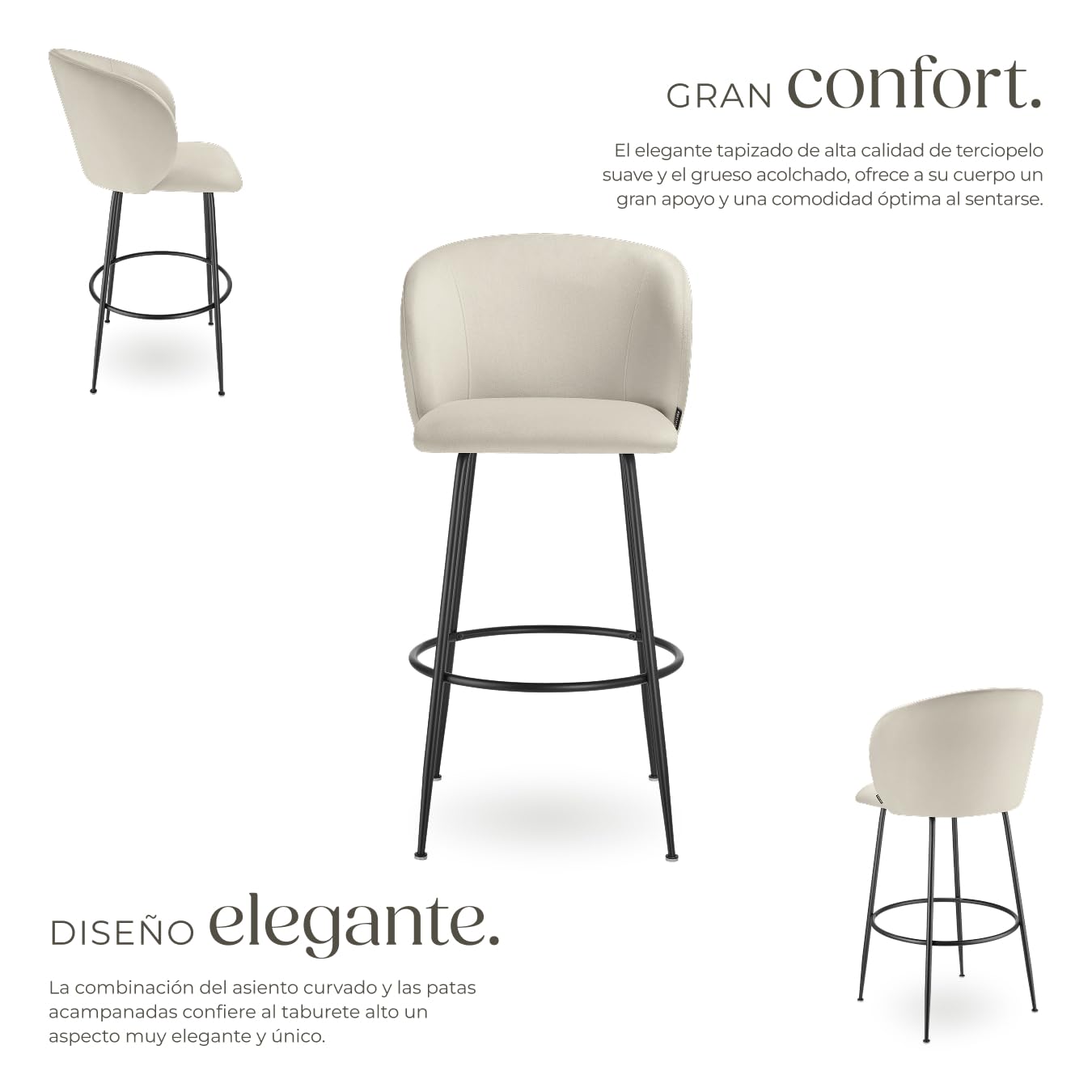 tectake® Taburete Alto con Respaldo Acolchado, Silla Alta de Cocina con Reposapiés, Banqueta con Patas de Acero y Topes Antideslizantes, Silla de Bar, Taburete de Cocina - 2 sillas Crema/Negro