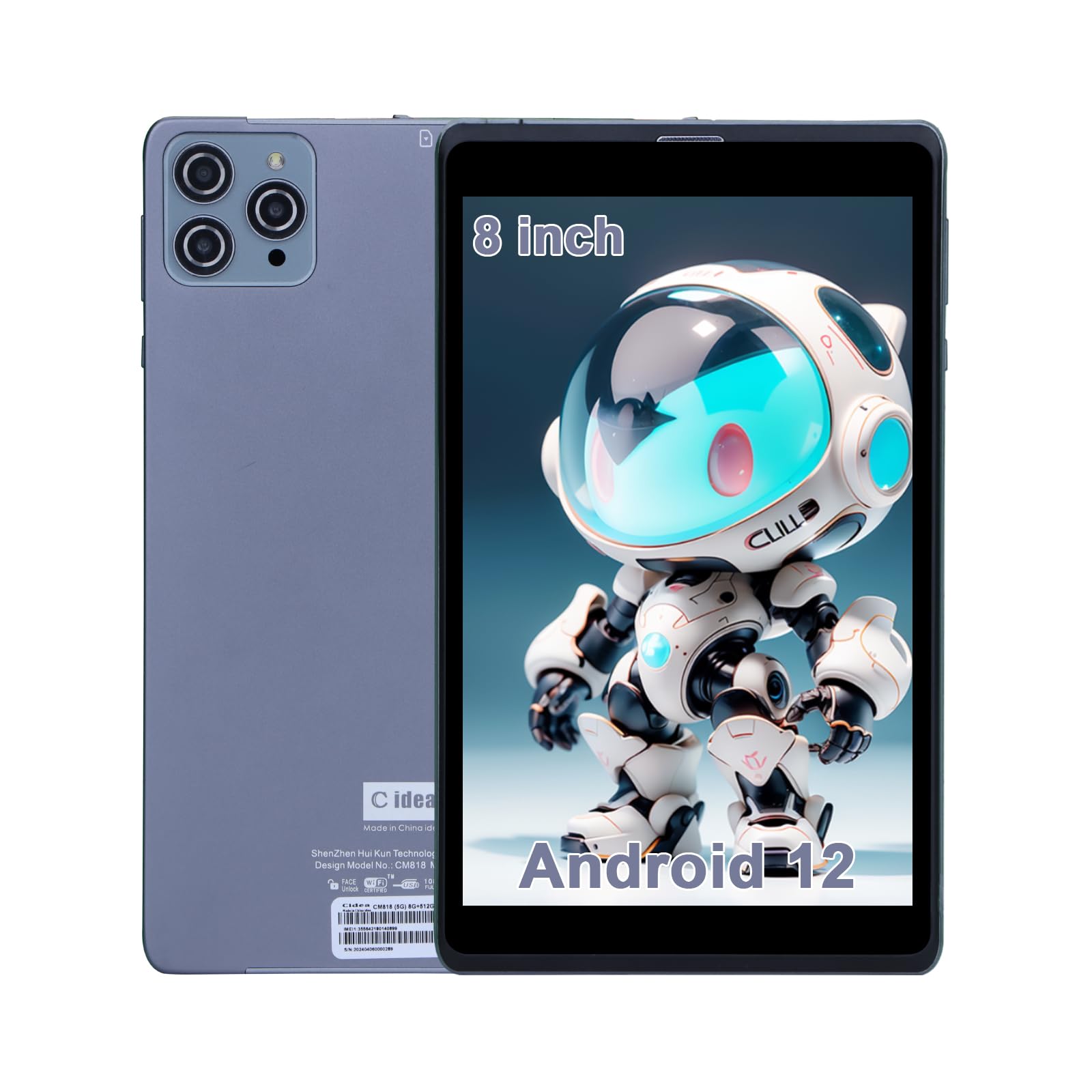 C idea 8 inch Tablet, Android 12.0 Tablet with SIM Card Slot Wifi/5G LTE 8GB RAM,512GB ROM Storage Dual 5MP+8MP Camera HD IPS Display, CM818(Gray)