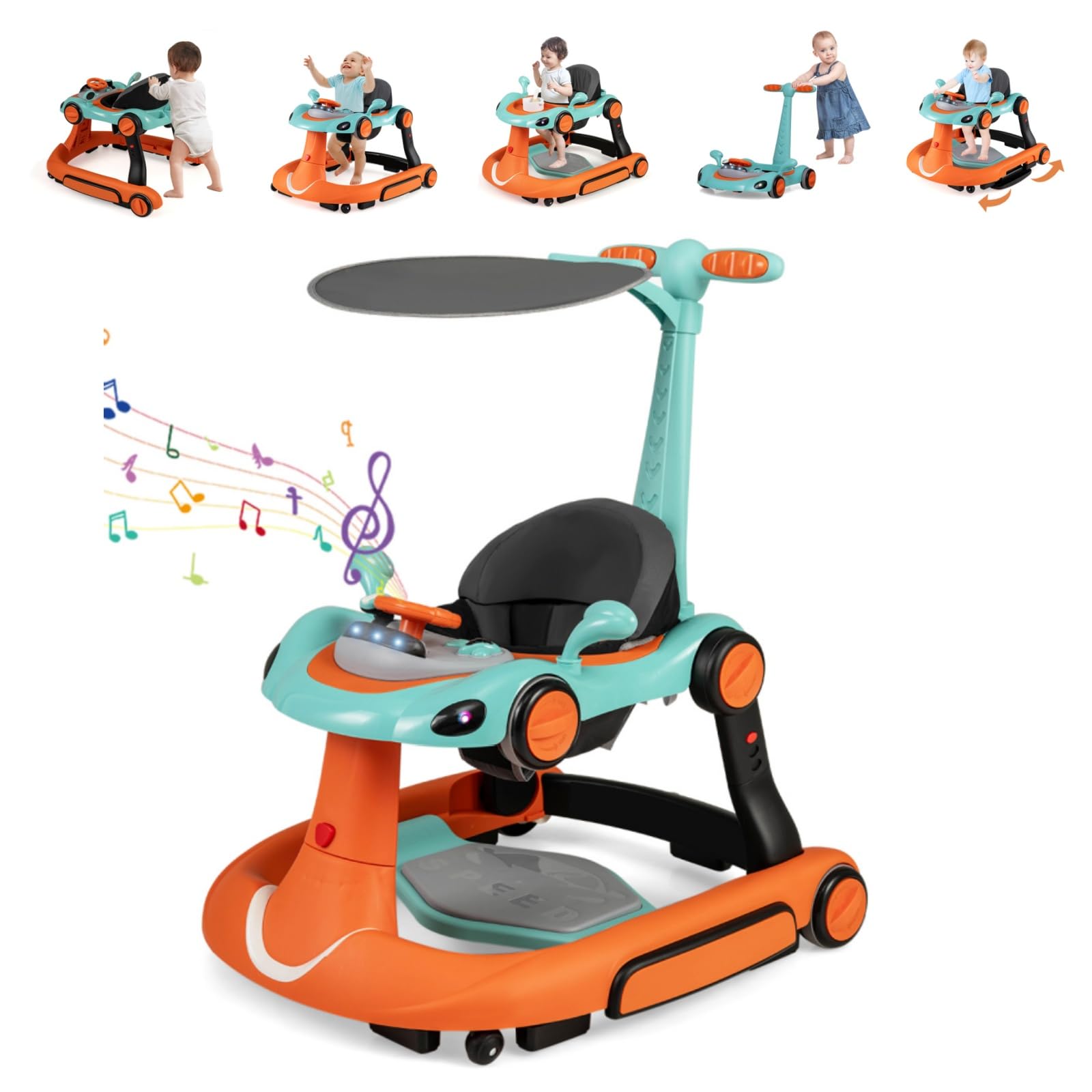 LIFEZEAL 6 in 1 girello per bambini con tettuccio, Girello Trasformabile, Pieghevole, altezza e velocità regolabili, Baby Walker con luce, musica, Portata 12 kg, per Bambini 7-18 Mesi (rosa) - 4