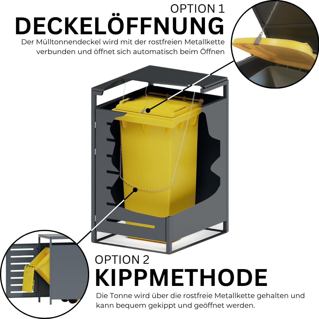 Mega Holz Mülltonnenbox 3er Set, abschließbare Müllbox, je 240 Liter | Mülltonnenverkleidung für draußen, 198 x 80 x 117 cm, Mülltonnenverkleidung, 60 bis 240 Liter Tonnen, Stahl pulverbeschichtet