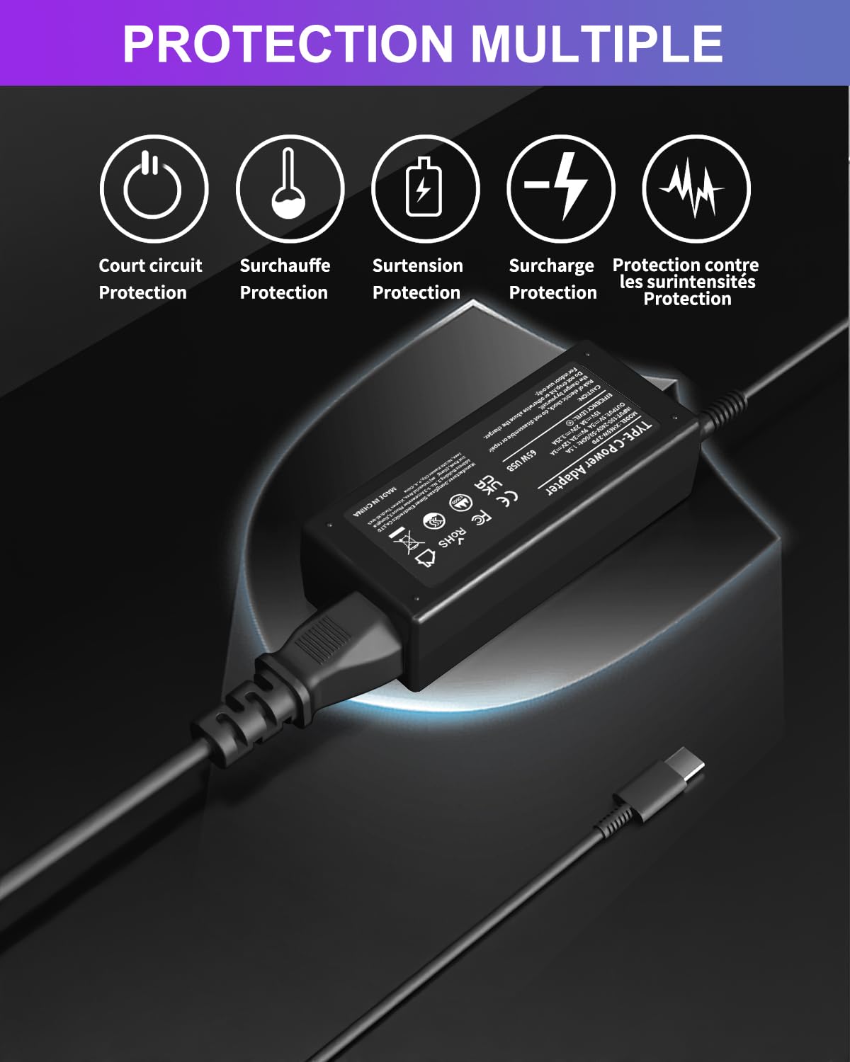 Chargeur USB C 65W pour Lenovo ThinkPad T14 T480 L14 L15 E15, HP Spectre X360 EliteBook, Dell, Acer, ASUS, Huawei, MacBook Pro, Samsung, LG
