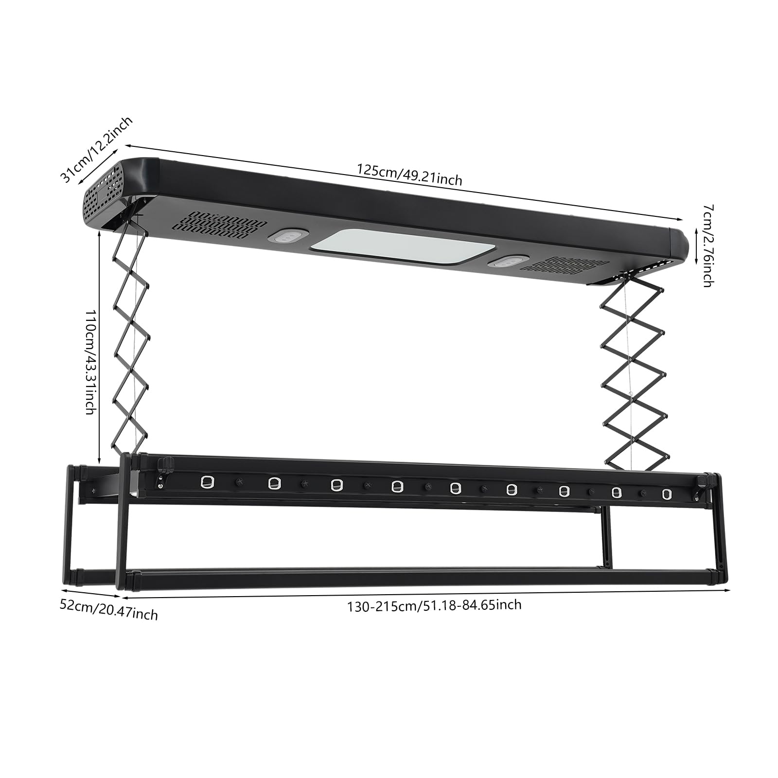 Elektrischer Wäscheständer Deckenmontage, 35kw Tragfähigkeit 220v Wäscheständer Decke, mit 30-50M Fernbedienung, 24W LED-Beleuchtung und 2 Integrierten Ventilato, für Bäder, Hotels, Wohnungen (Schwarz