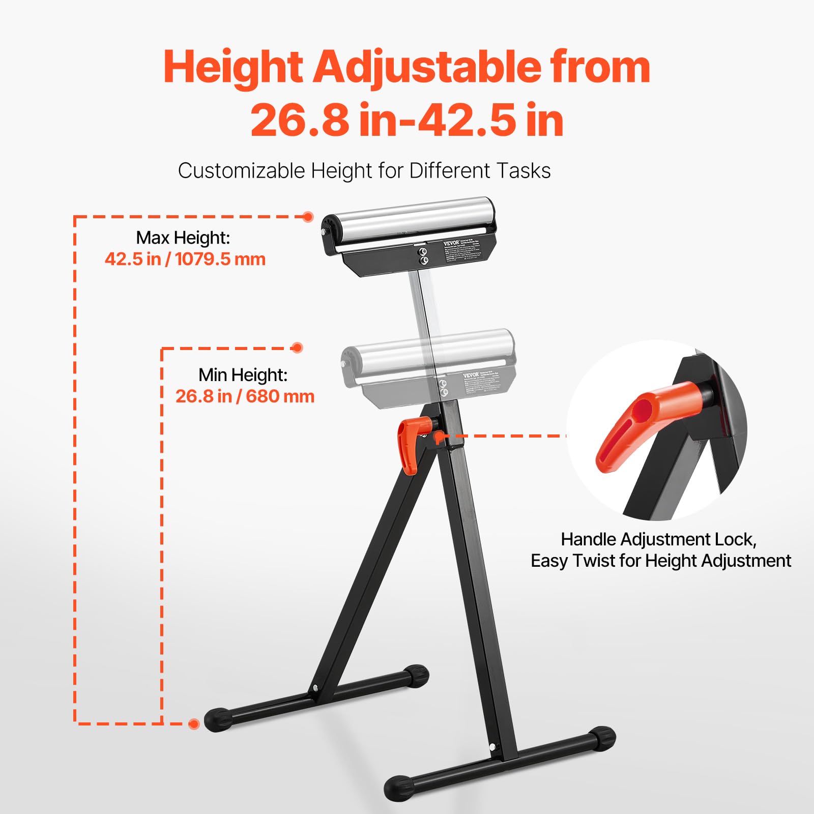 VEVOR 2 PCS Soporte con Rodillos Carga de 61kg, Altura Ajustable 680-1079,5mm con Cabezal de Rodillo de Acero Pulido de 292,1mm para Soporte de Extensión para Carpintería con Salida de Sierra de Mesa