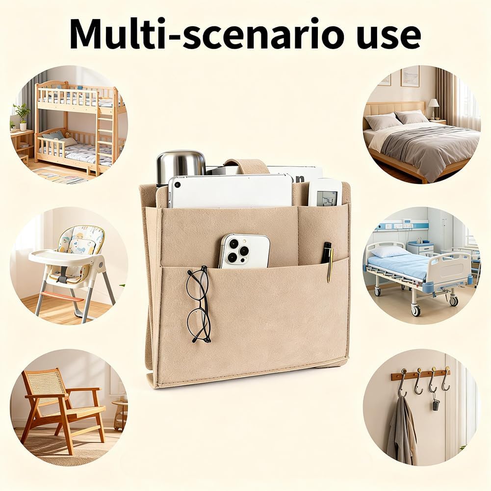 Bedside Caddy,Large Bed Caddy Hanging with Cord Slit, Bedside Remote Holder for Magazine,Books,Bunk Bed Accessories with Strong-Grip Loop Tape Sticky for Dorm, Bedroom, Sofa