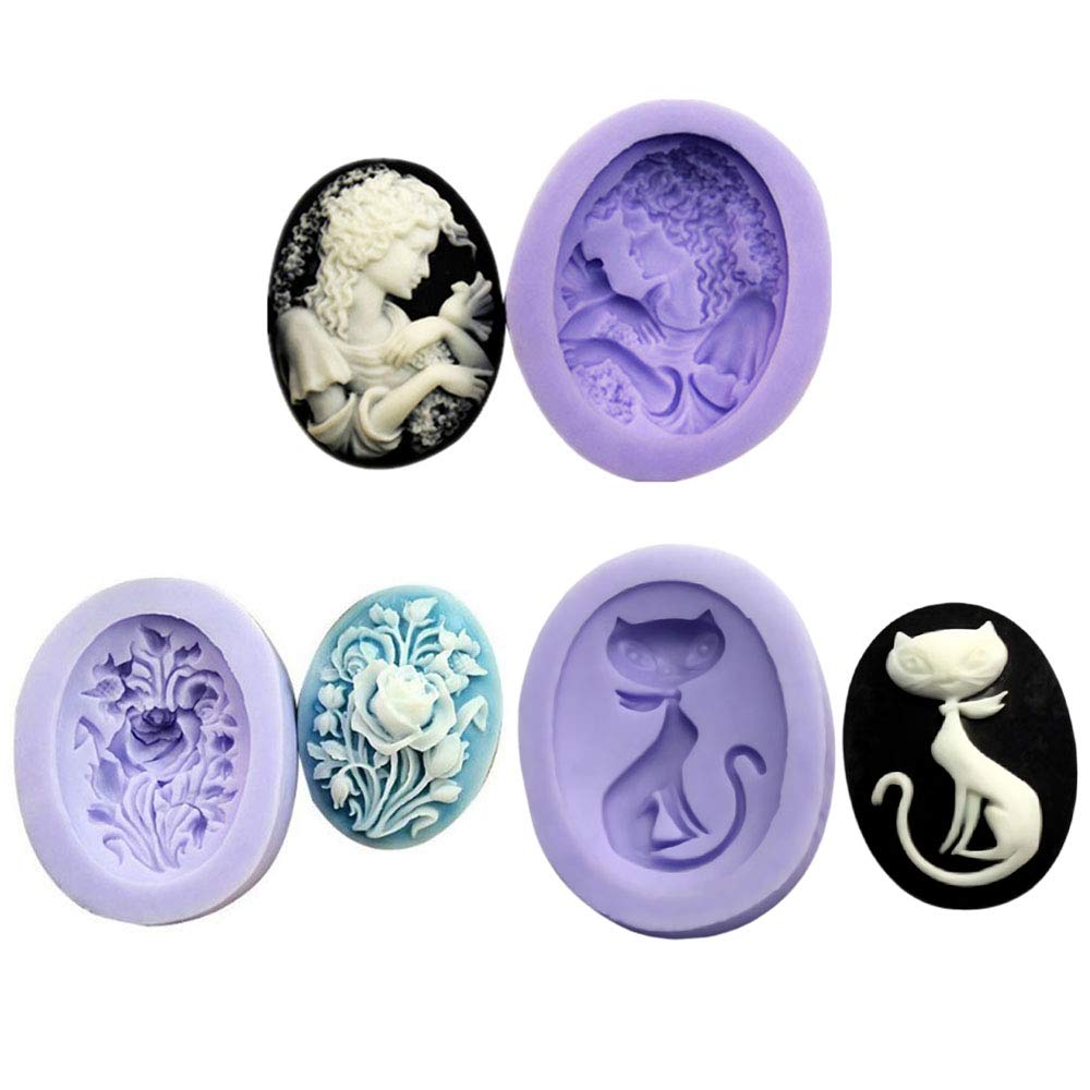3Pcs/Set Silicone Girl & Bird, Flower, Cat Resin Epoxy Oval Ellipse Molds Crystal Beading Women Jewelry DIY Necklace Pendant Casting Mold Hand Craft Resin Molds Cake Fondant Molds (Random Color)