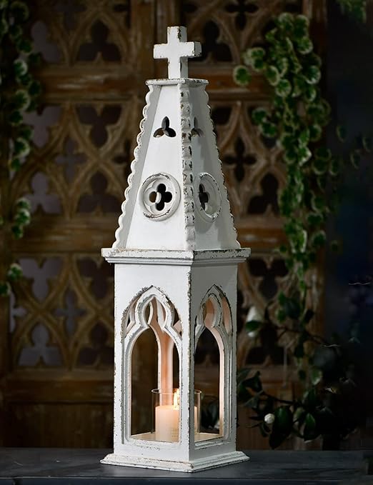 32" Extra Tall Lanterns Candle Holder, Vintage Church Decorative Candle Lantern, Cross Steeple Distressed White Rustic Wooden Candle Lanterns Decorative Christmas for Garden Indoor Outdoor Wedding