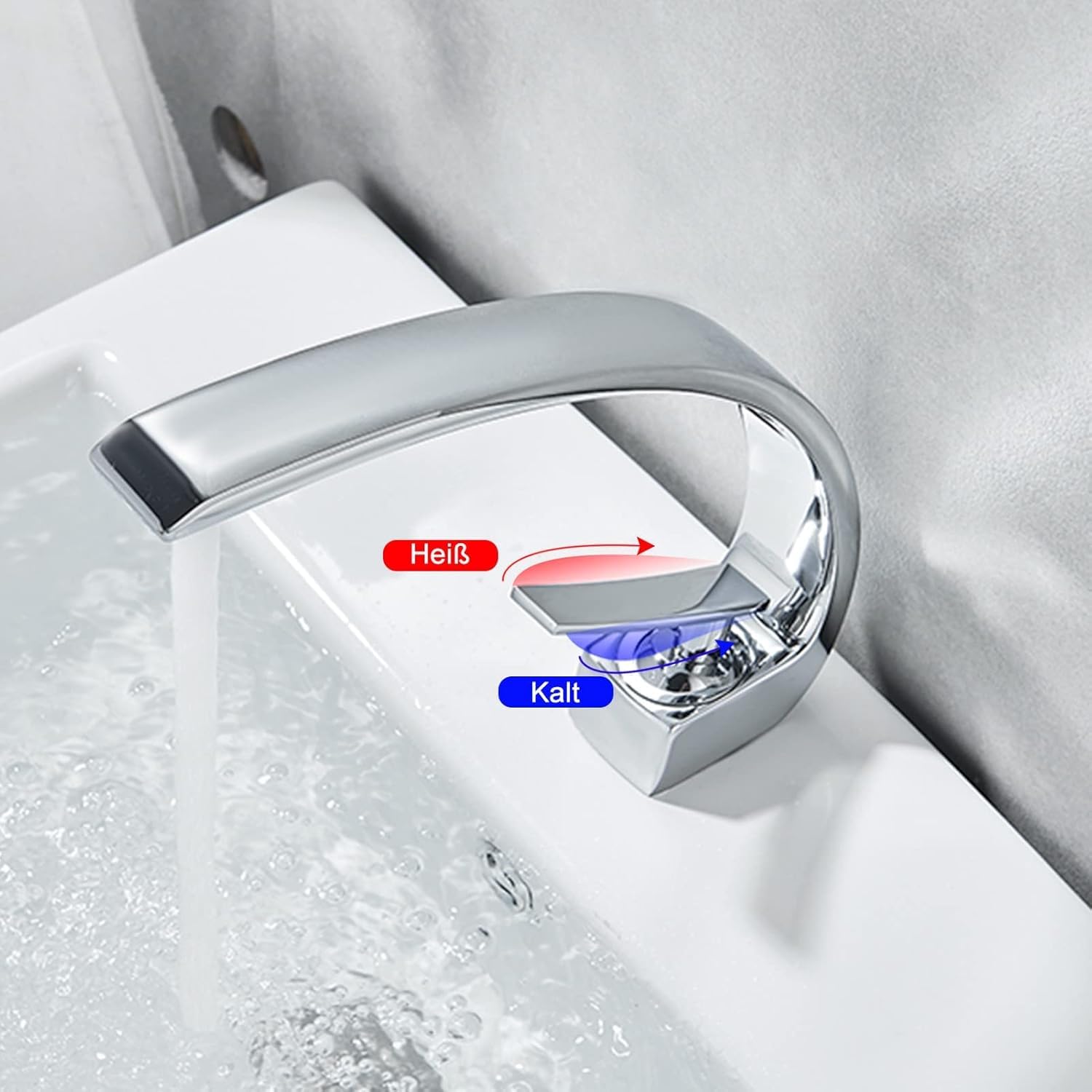 Waschtischarmatur Wasserfall Design, Bad Wasserhahn Mischbatterie Einhandmischer Edelstahl Chrom Messing, Warm/Kalt einstellbar, Waschbecken Armatur für Badezimmer Waschraumarmaturen
