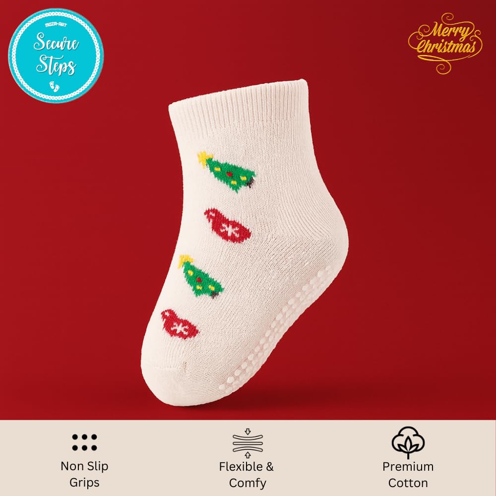 Secure Steps Baby Socks for Kids – Anti Skid Cotton Socks for Baby Girl & Boy | Soft Warm Winter for 3–5 Years | Made in India Toddler Crawling | Premium Festive Children Socks | Pack of 4 3