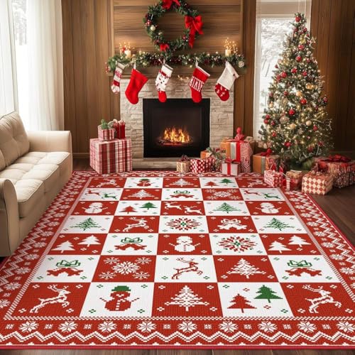 クリスマス用赤/緑エリアラグ クリスマスベル 雪の結晶 大型ラグ リビングルーム カーペット 洗える フロアカーペット 低毛足 室内用,F,140*200cm