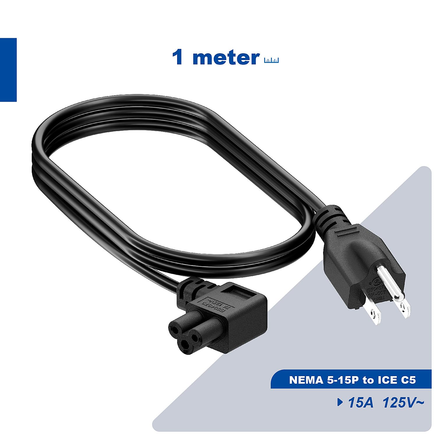 3.3Feet Nema 5-15P to IEC C5 Right Angle Power Cord, US 3-Prong