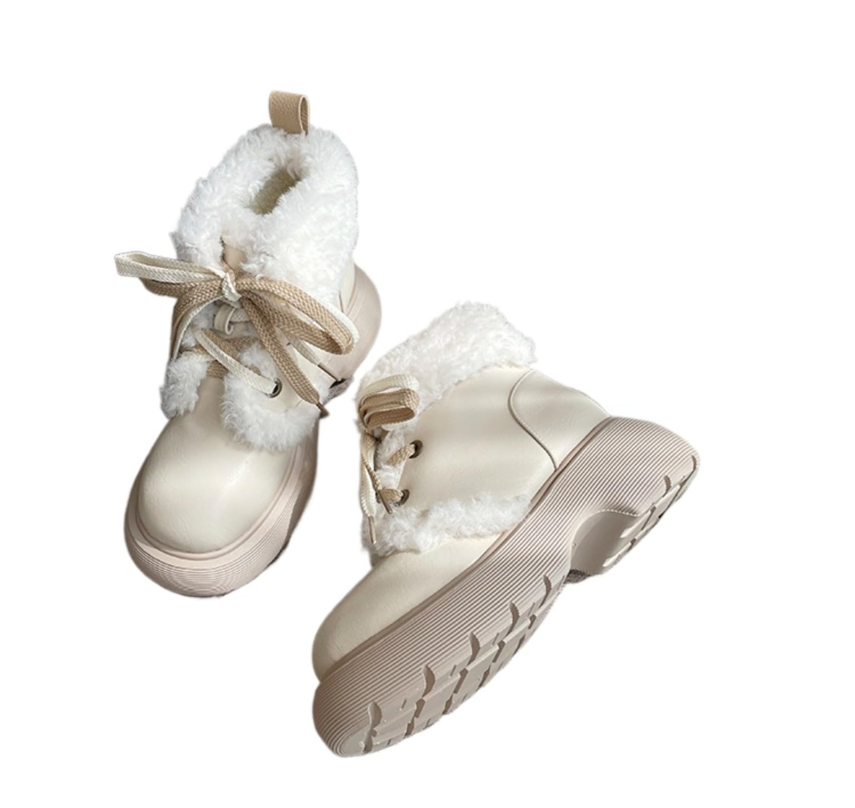 Womens Winter Snow Boots Faux Fur Lined Platform Boots Round Toe Lace Up Casual Shoes Beige 7