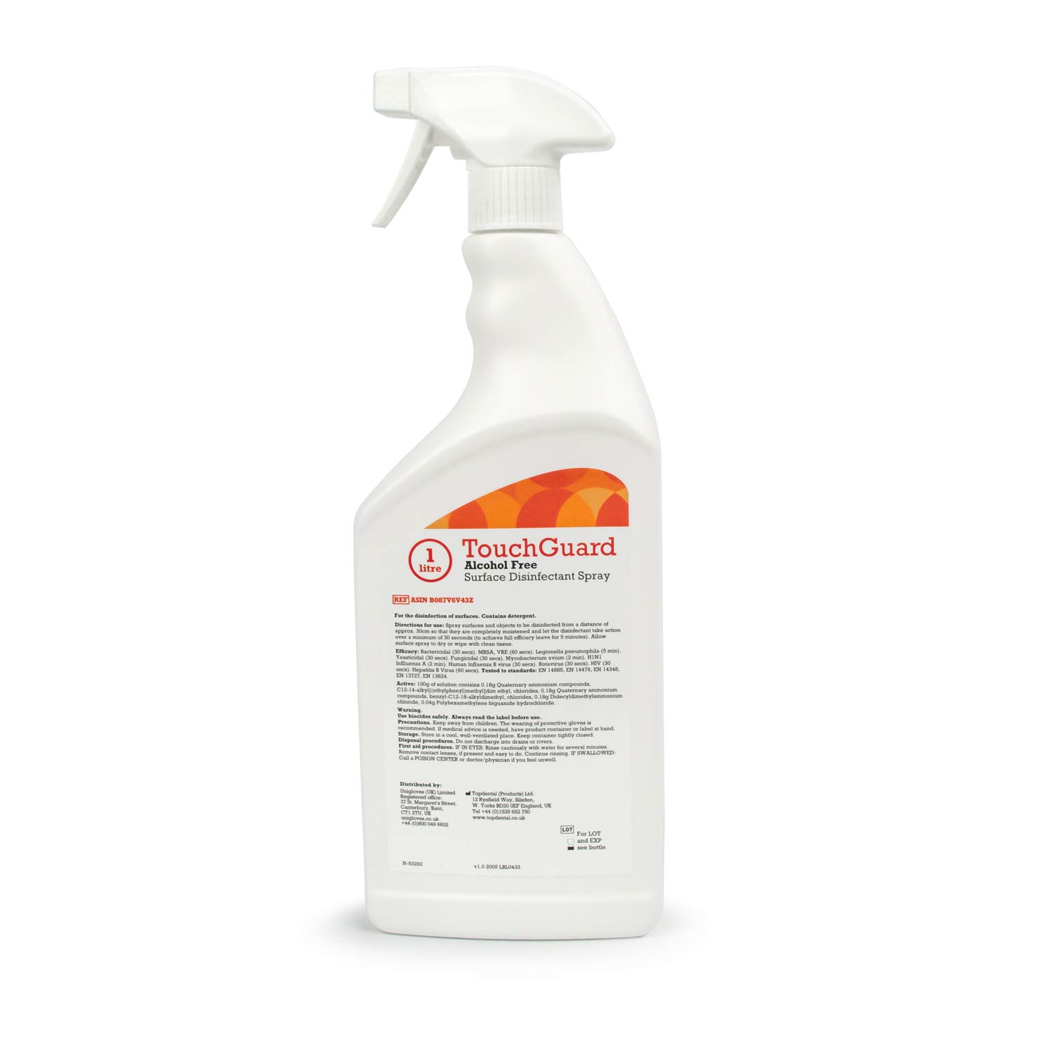 TouchGuard Disinfettante spray per superfici, senza alcol, 1 litro Confezione da 10, prodotto in Regno Unito