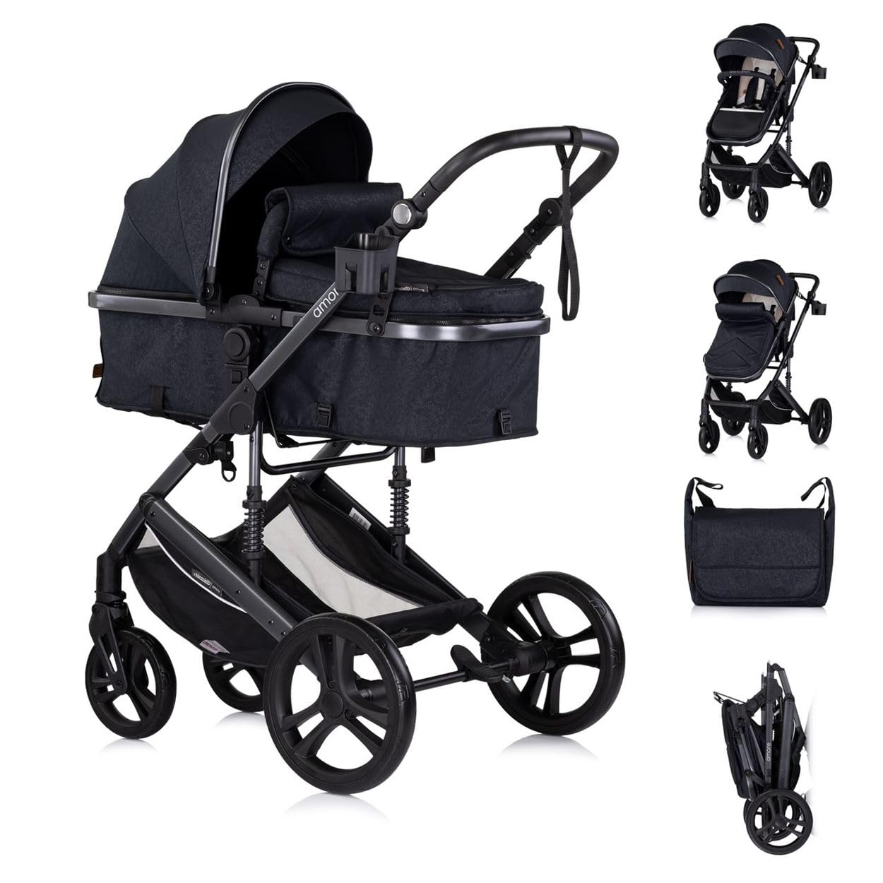 Chipolino Kinderwagen 2 in 1 Amore Getränkehalter Wickeltasche Fußabdeckung Korb schwarz gemustert