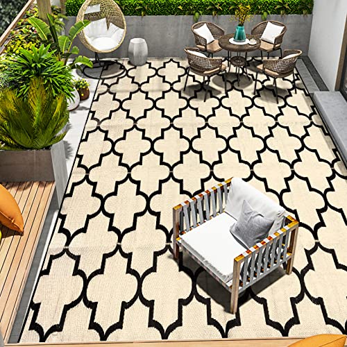 Outdoor Rug 6'X9' For Patio Clearance, Reversible Straw Plastic Waterproof Area Rugs, Patio Rug,Outside Large Camping Mat For Outdoor Decor, Rv, Deck, Camper, Balcony, Backyard, Black & Beige #TOP3