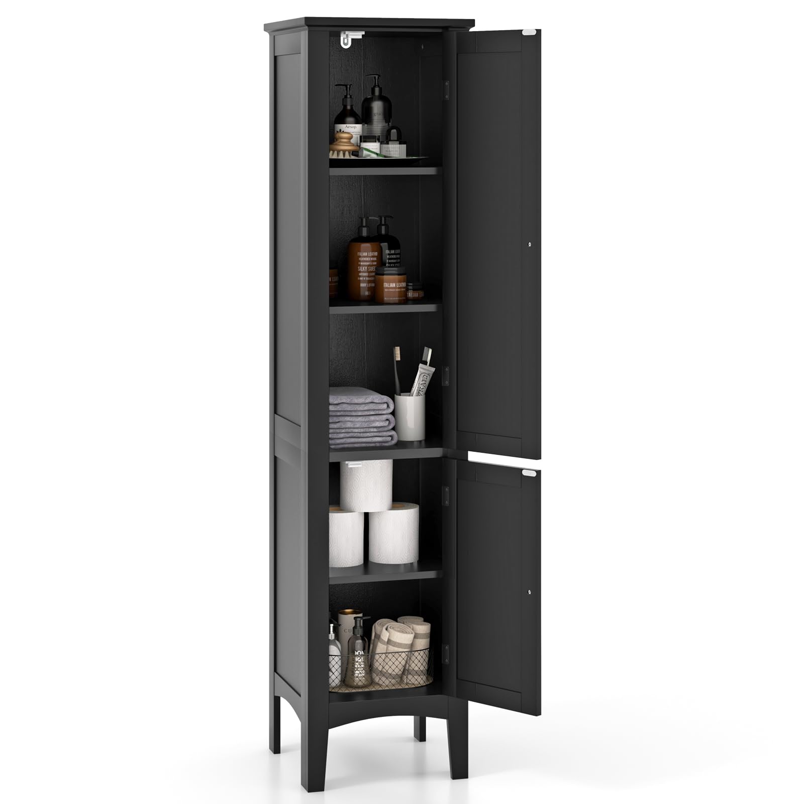 IFANNY Tall Bathroom Storage Cabinet, Freestanding Narrow Linen Tower Cabinet with Bottom Adjustable Shelves & 2 Doors, Modern Slim Floor Cupboard