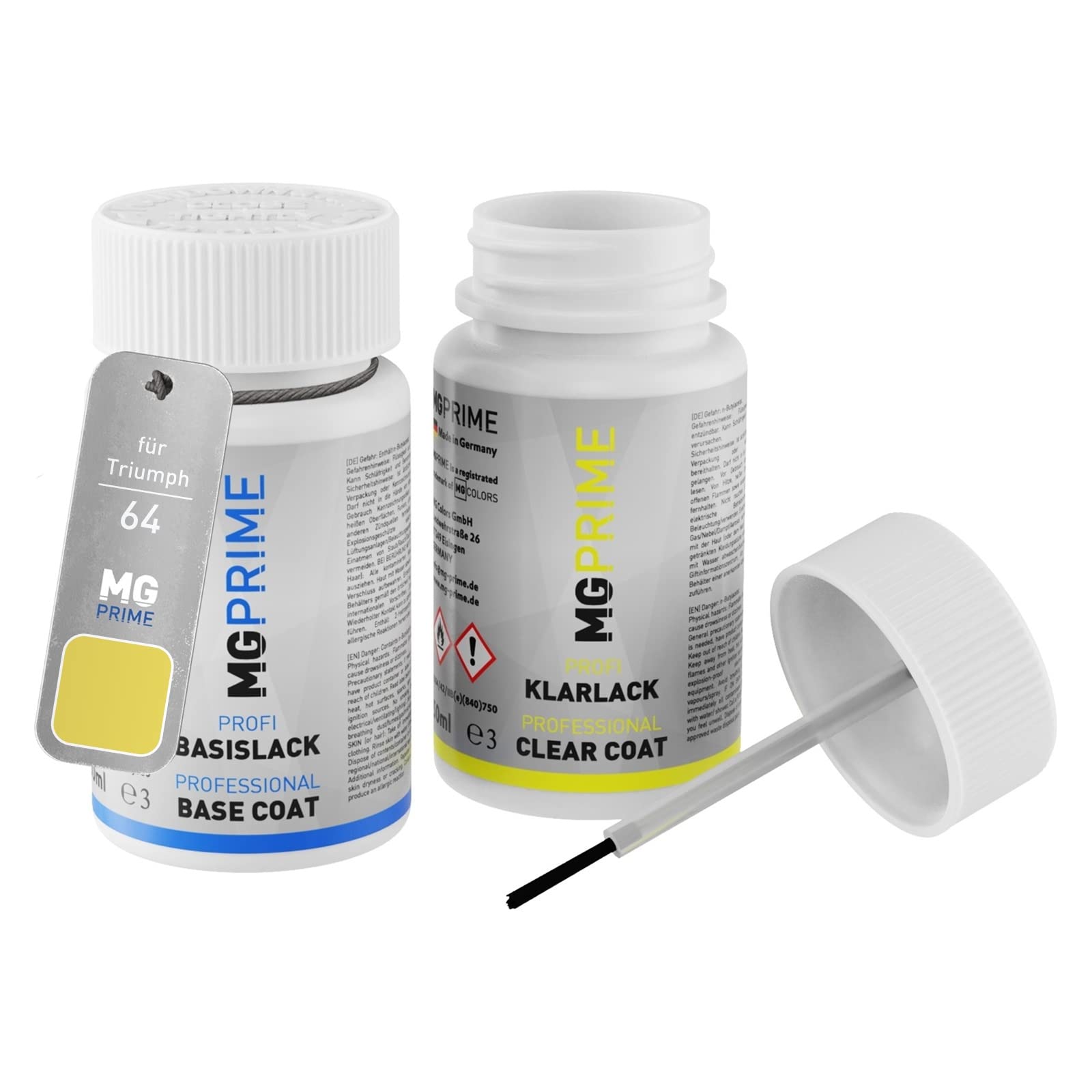 MG PRIME Car paint Touch-up pen set for Triumph 64 Mimosa Yellow Base coat clear coat 50ml each