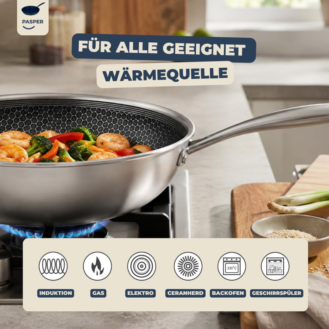 Pasper Patelnia wok Ø 28 cm – nie zawiera PFAS – indukcja, elektryczna, ceramiczna, gazowa i piekarnik – patelnia ze stali nierdzewnej z odporną na zarysowania powłoką zapobiegającą przywieraniu o