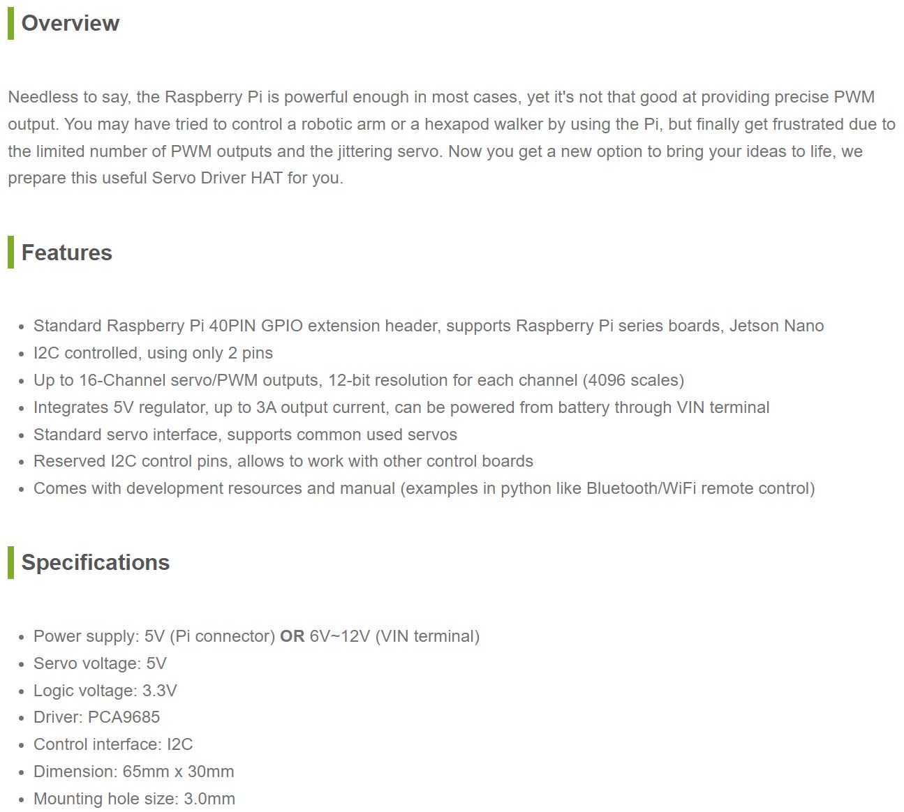Waveshare Servo Driver Hat (B) for Raspberry Pi 16-Channel 12-bit I2C Interface Right Angle Pinheader