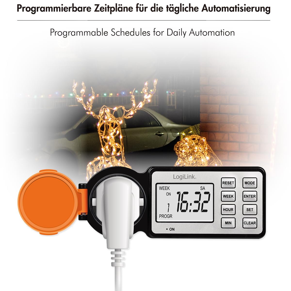 LogiLink ET0016 – zewnętrzny programator czasowy z 12 programami i timerem, wyświetlacz 2,2", klasa ochrony IP44, 3600 W