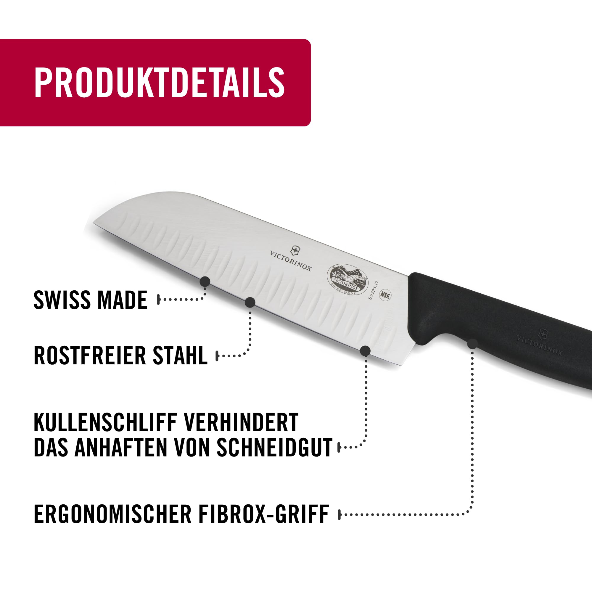 Victorinox Fibrox Santokumesser mit Kullenschliff, Japanisches Küchenmesser für Fleisch, Fisch und Gemüse, 17 cm, Scharf, HACCP geeignet, Schwarz