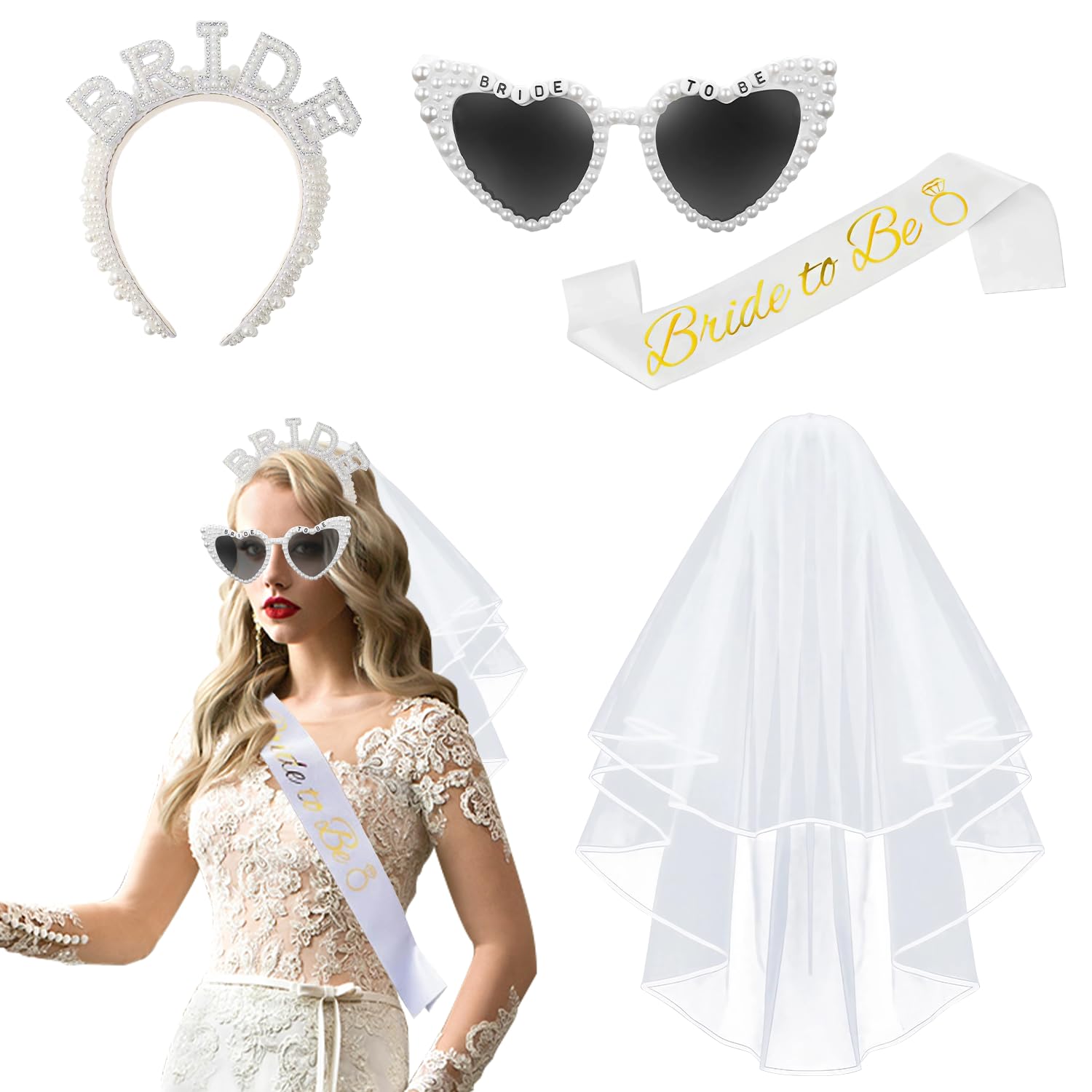 Bride to Be Sash, Hen Party Accessories Including Bride Sash, Hen Party Veil with Comb, Bride to Be Sunglasses and Tiara Hen Do Party, Bridal Shower, Bachelorette Party, Wedding