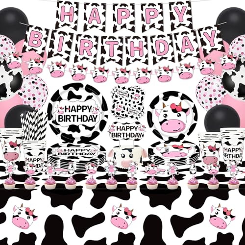 Inspireyee 178 PCS Kuh Druck Geburtstag Party Dekorationen - Teller, Servietten, Tischdecke, Banner für Bauernhof Baby Dusche - Serviert 20