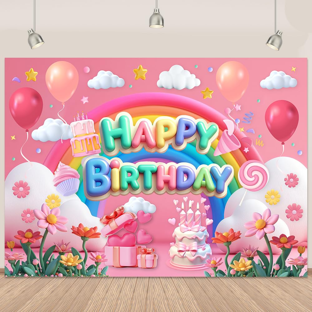 Pink Rainbow Happy Birthday Backdrop White Cloud Rainbow Backdrop for Birthday Party Sweet Candy Cake Photography Background for Girls Kids Flower