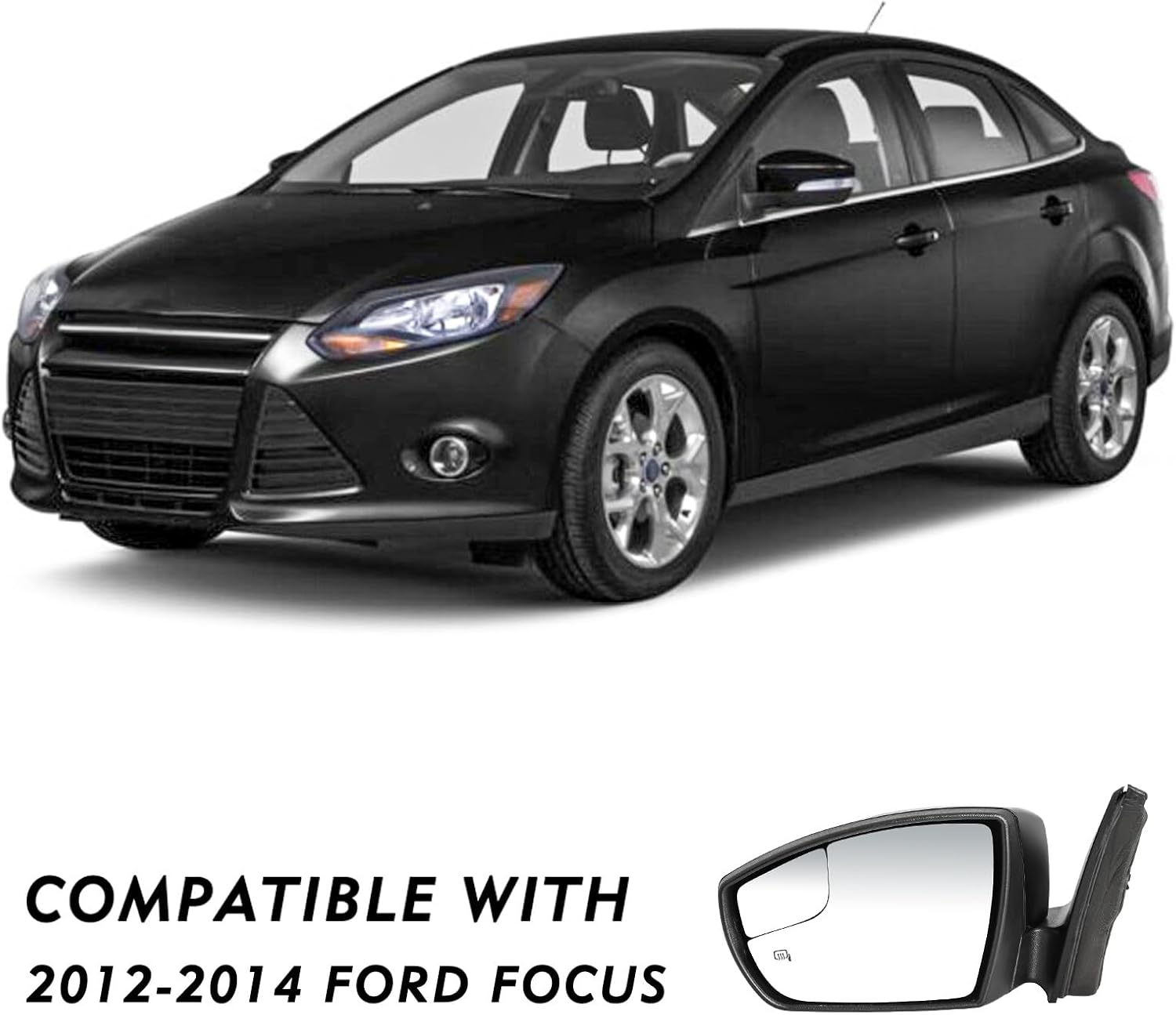 Left Driver Side Mirror Compatible With 2012 2013 2014 Ford Focus - Black Rearview Mirrors w/Turn Signal,Heated Glass,Blind Spot Mirror Power Glass, Electric Adjustment(6Pins)
