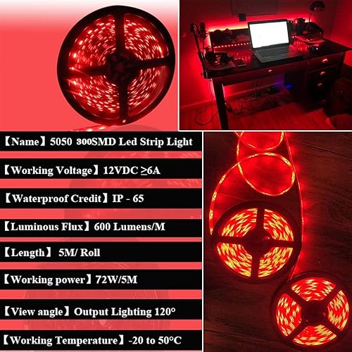 Miniatura 2 de Qoope Tira de luces LED rojas de 16.4 pies, cinta LED flexible de 16.4 ft, 300SMD, impermeable, 12 V, cuerda de luces para retroiluminación de TV,