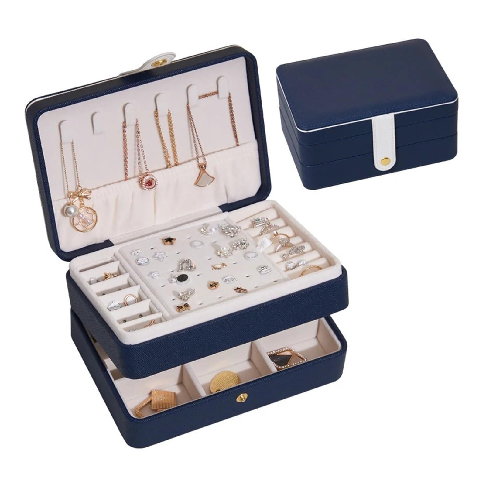 ZHAOQIN Jewellery Box Velvet Jewelry Box Organizer Display Button PU Portable Earring Necklace Ring Travel(Pu Blue)