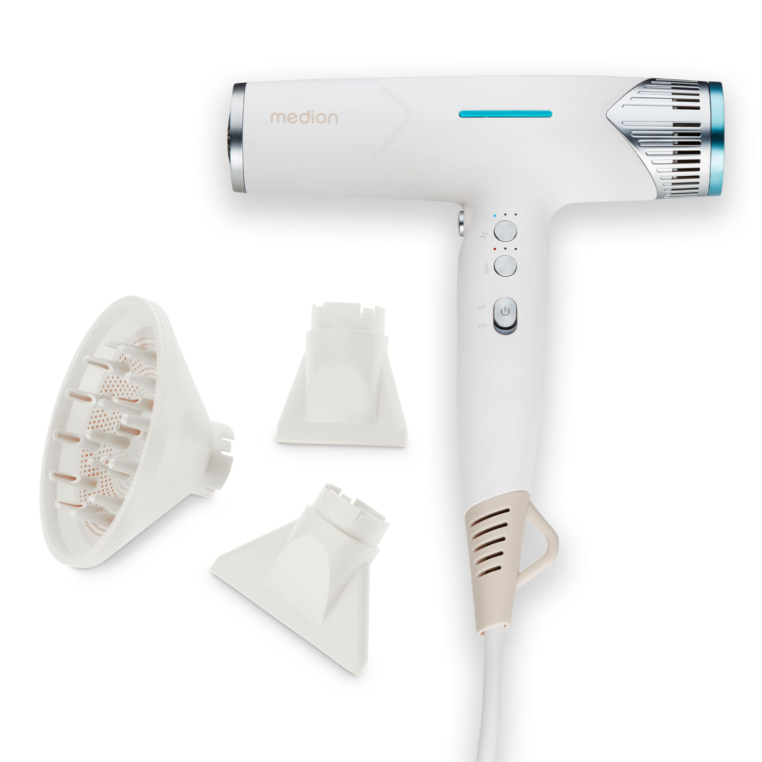 MEDION Föhn - Ionen Haartrockner mit Diffusor HD2 (Ionen, 1.500 Watt, Stylingdüse, vielseitige Aufsätze, leise langlebiger BLDC Motor, Selbstreinigungsfunktion, langes Netzkabel) Haarföhn weiß