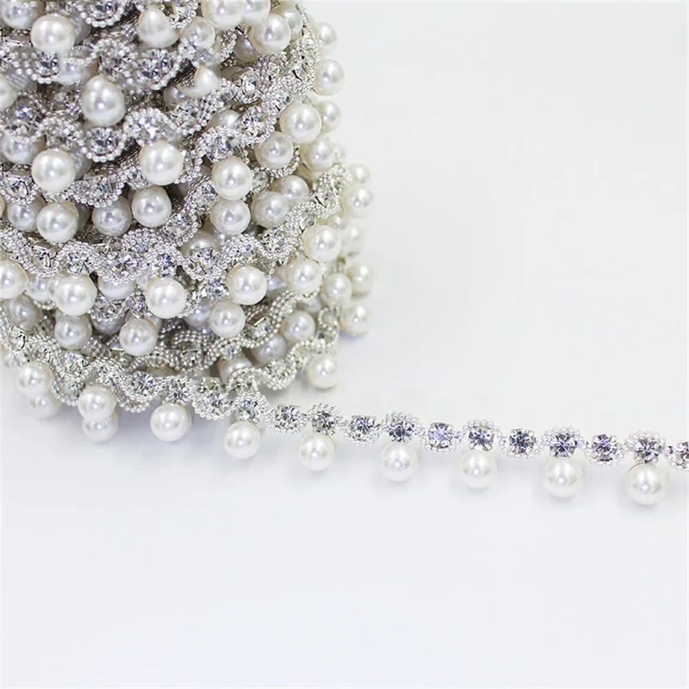 Generic 1/5Yards Pearl Pendant Crystal Plating Gold Silver Metal Chain Rhinestone Trim for Clothing Bags Gold 5 Yards