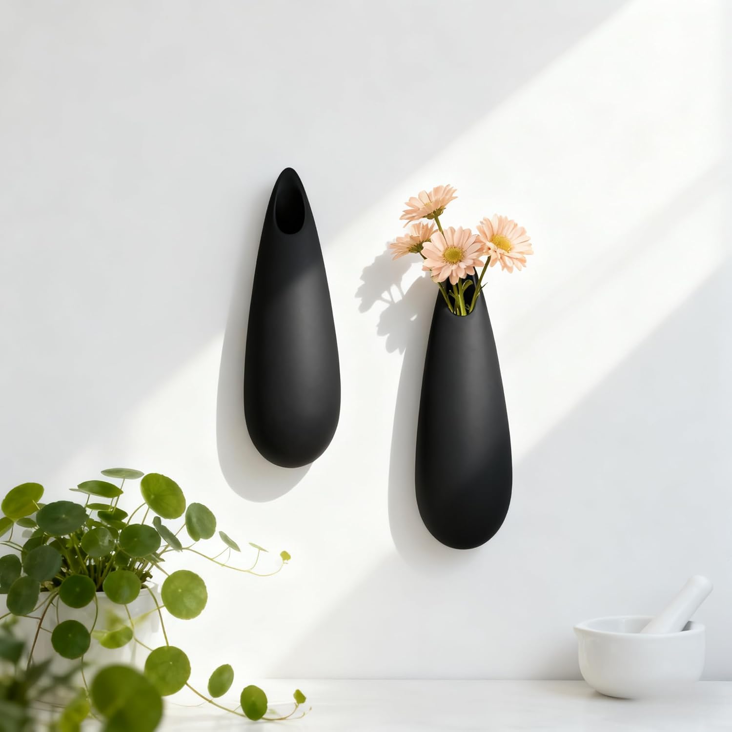 Sculptural Wall Ceramic Vase — 2 Pack Black Hanging Sconce Vase | Turn Flowers into Art — Decorative Ceramic Wall Sconce for Single Stem Displays