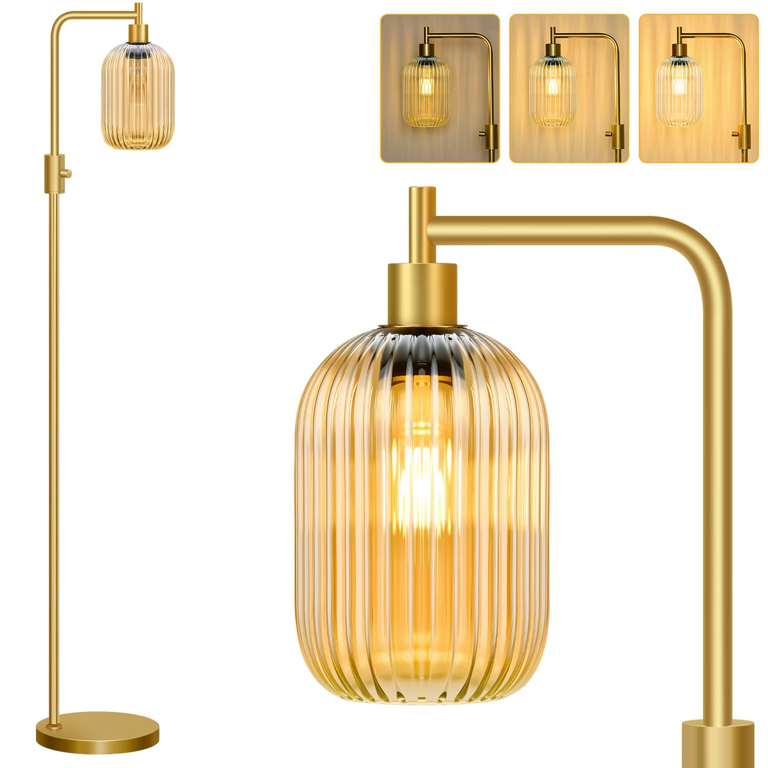 【Upgraded】 Dimmable Glass Floor Lamp for Living Room, Modern Gold Standing Lamp with Amber Ribbed Glass Lampshade & Knob Dimmer, Arc Tall Lamp for